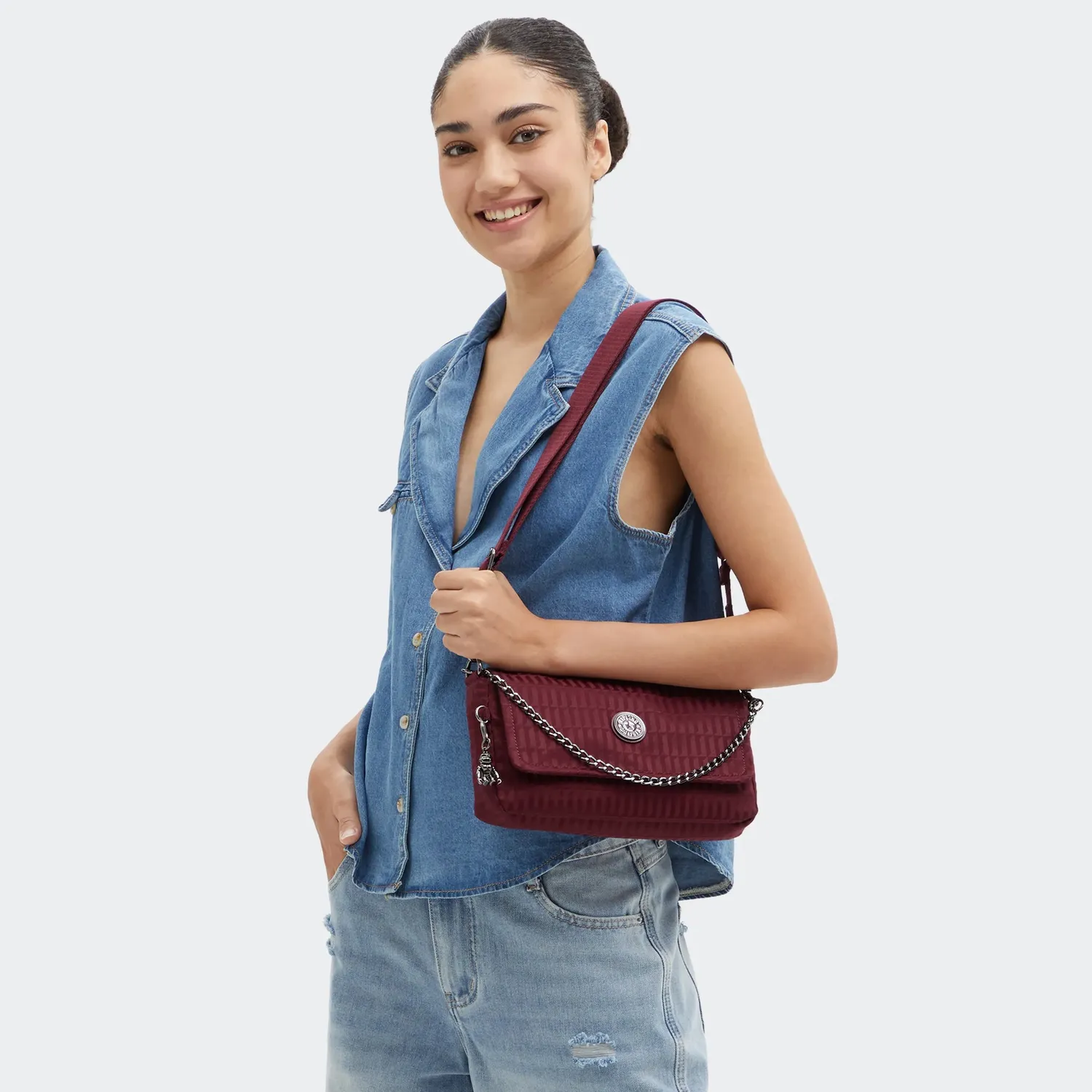 Kipling Aras Up schoudertas Klein Maroon Tile met ketting
