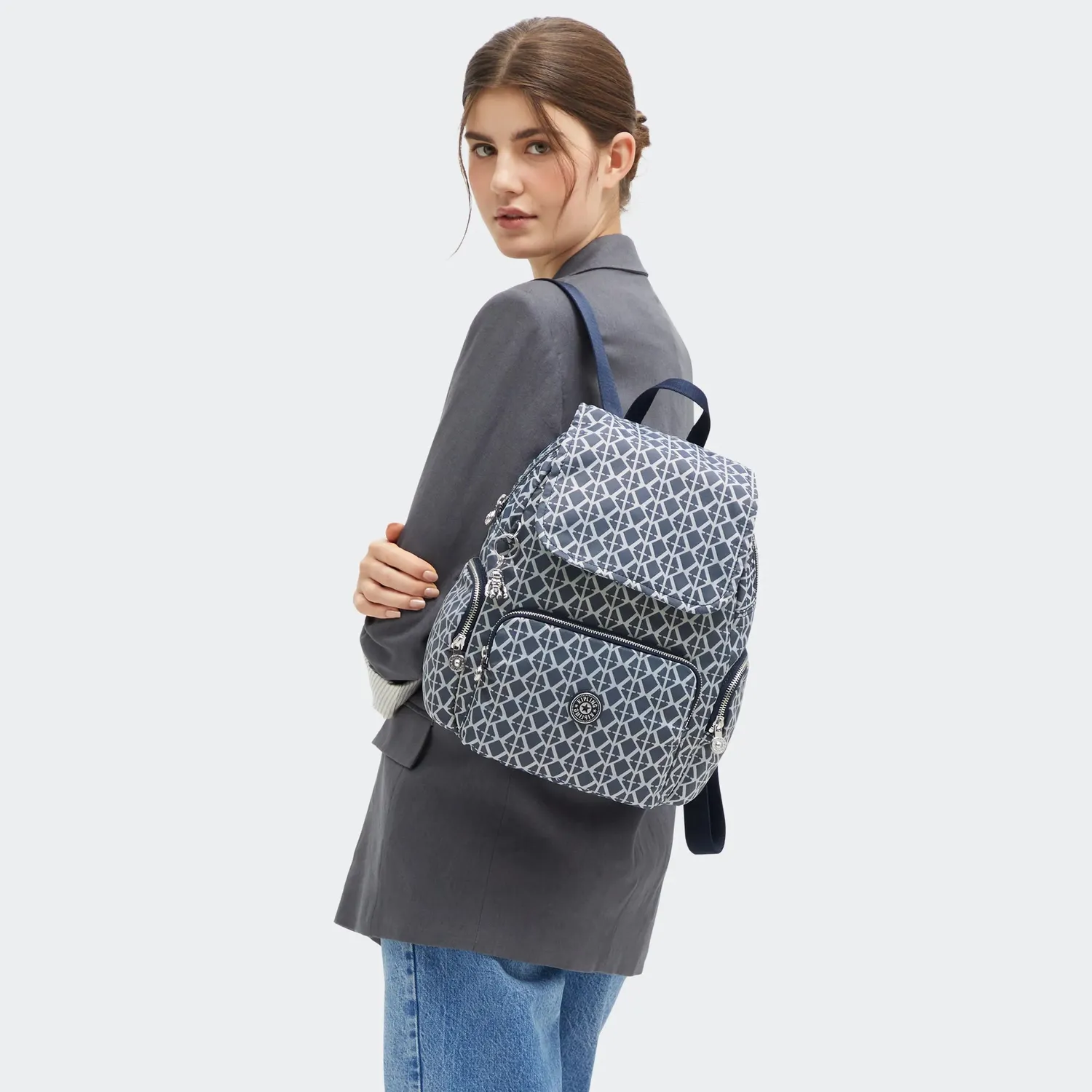 Kipling City Zip S rugzak Navy Sign Jacquard klein geweven