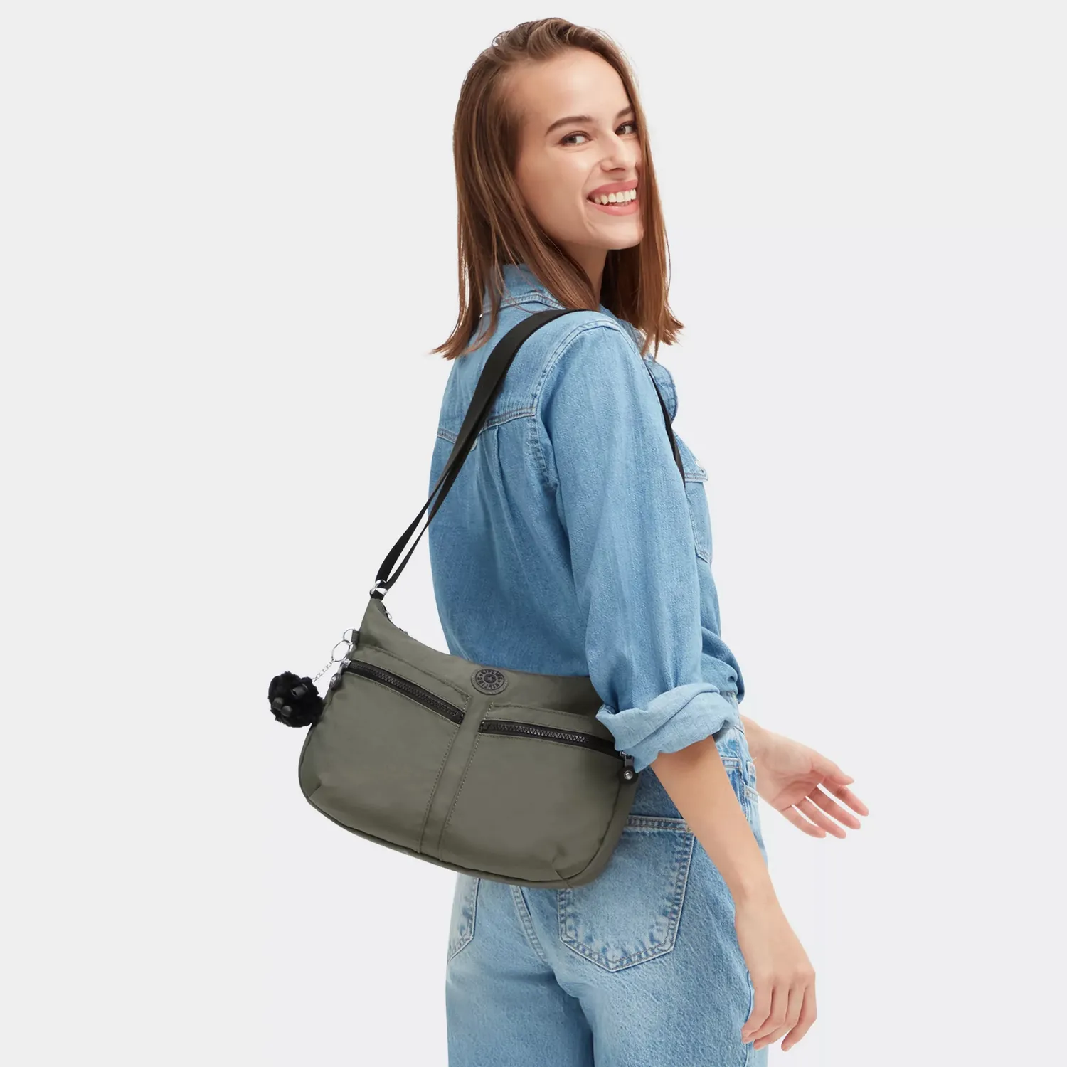 Kipling Izellah schoudertas Green Moss Medium waterafstotend