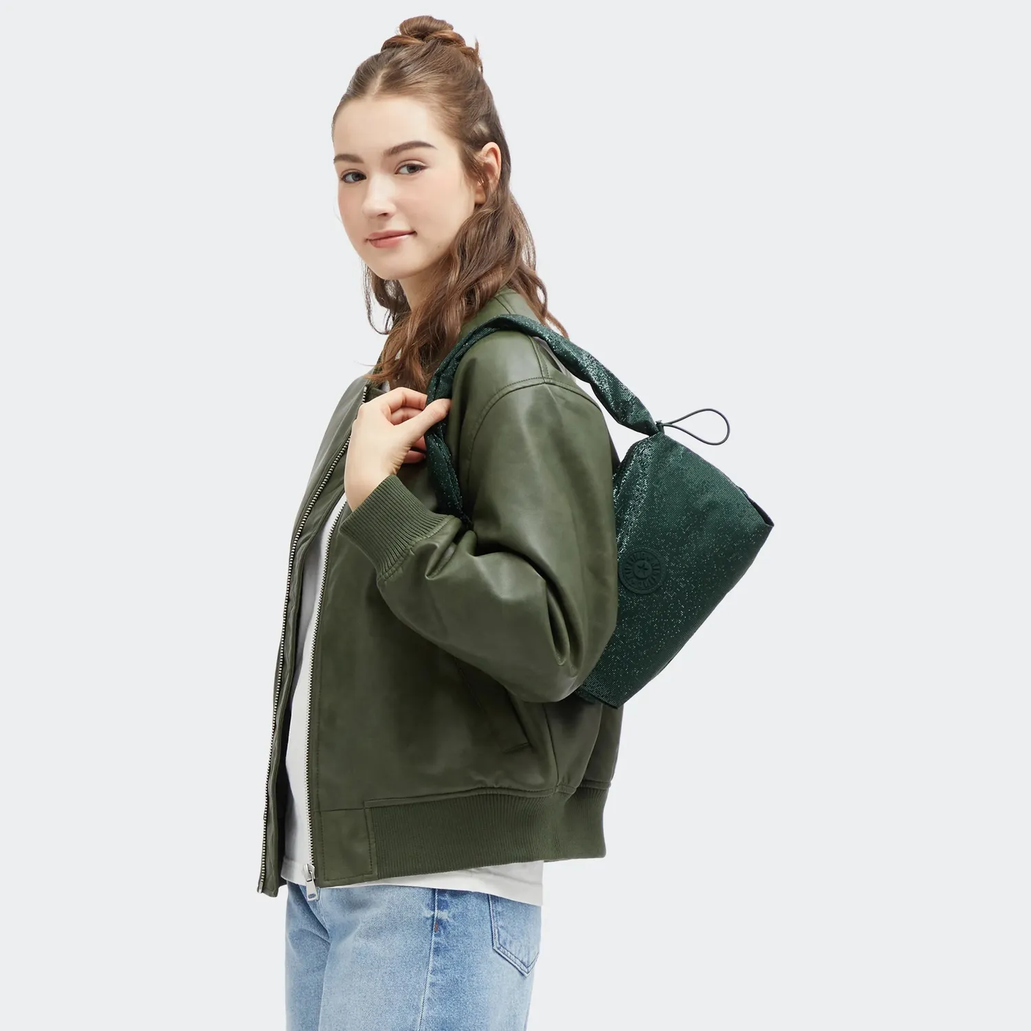 Kipling Eleni kleine schoudertas Shiny Pixel Green rits