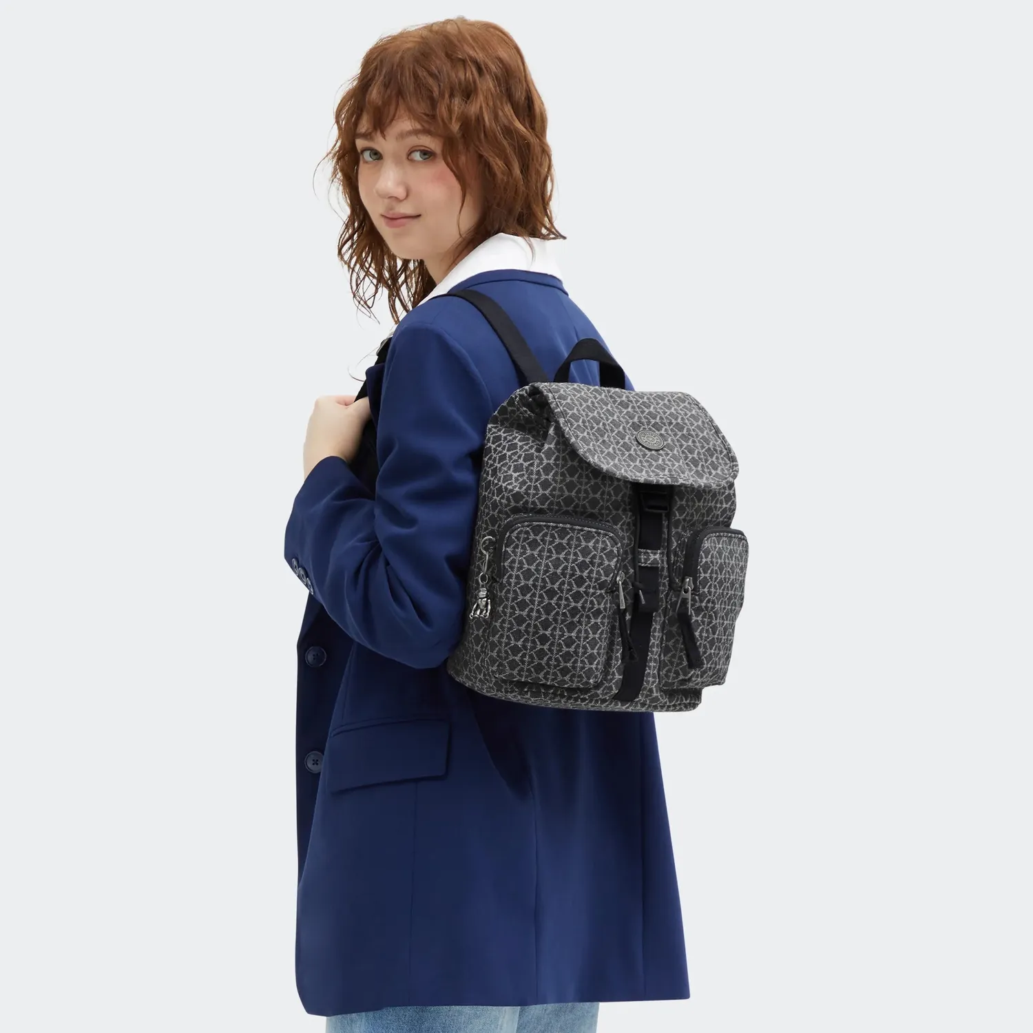 Kipling Anto S rugzak Grey Denim Jacquard klein