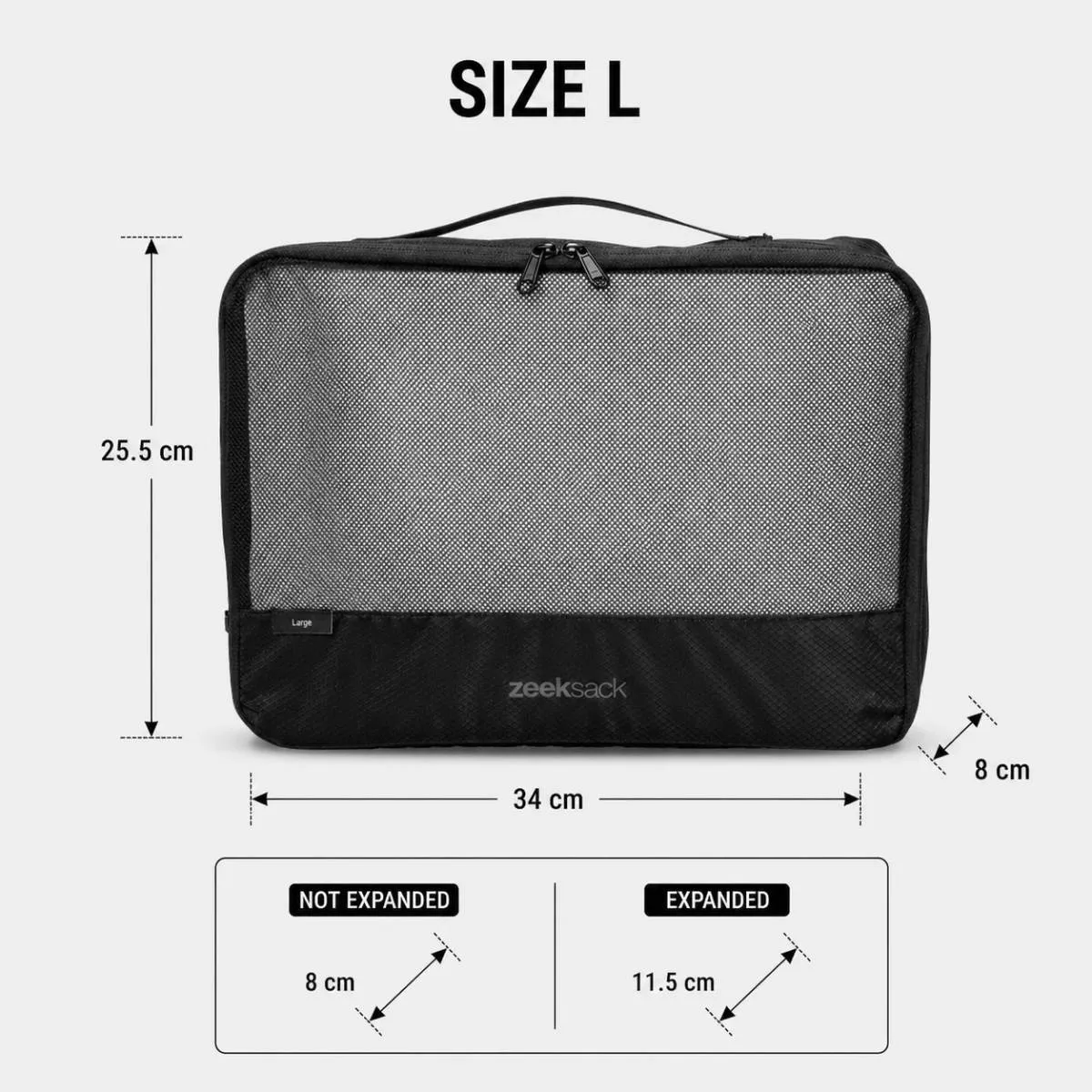 Zeeksack packing cubes set zwart 3 stuks uitbreidbaar