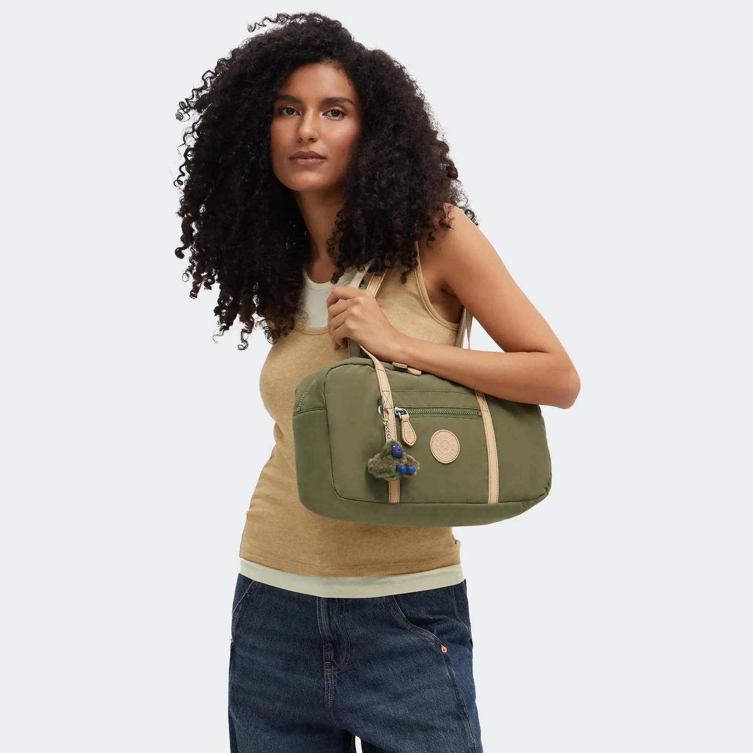 Kipling Naira schoudertas Cotton Khaki Klein handig ingedeeld
