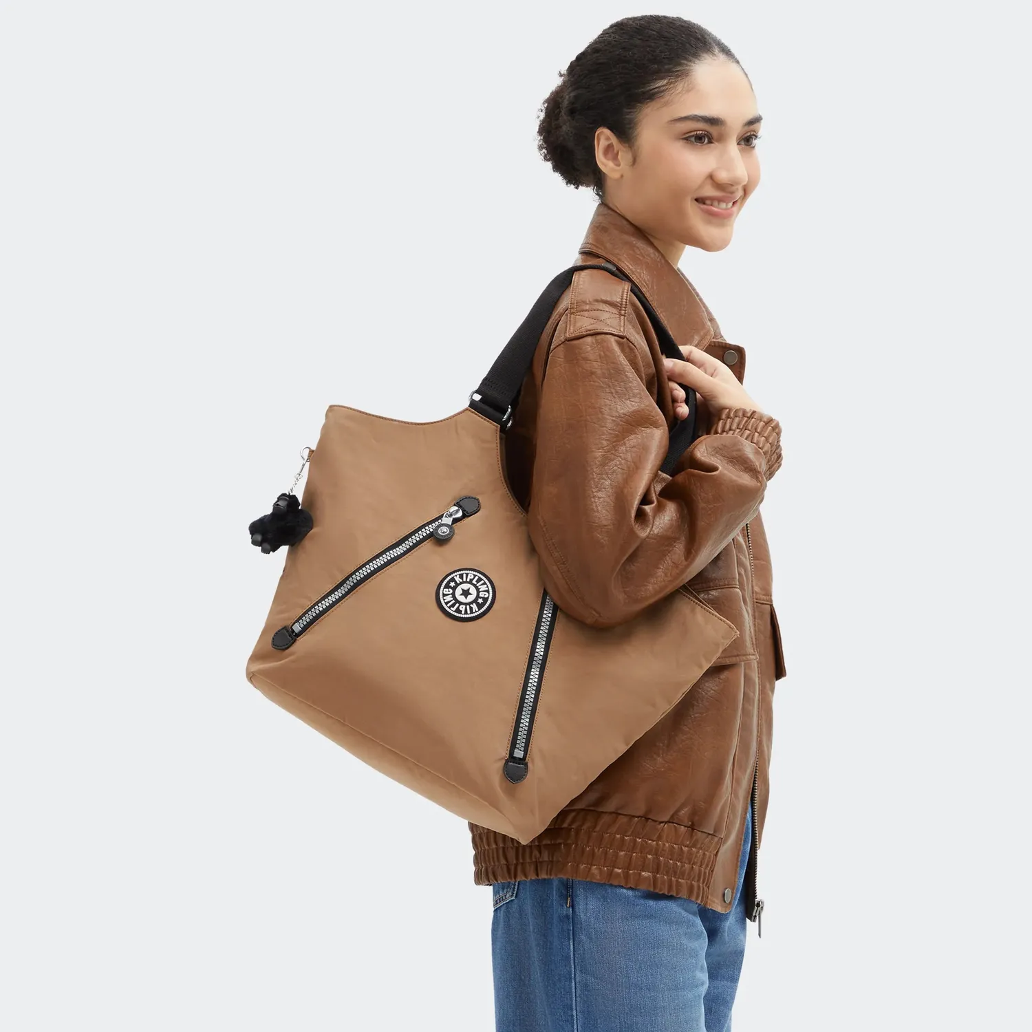Kipling New Cicely shopper Medium Early Tan Heritage met ritsvakken