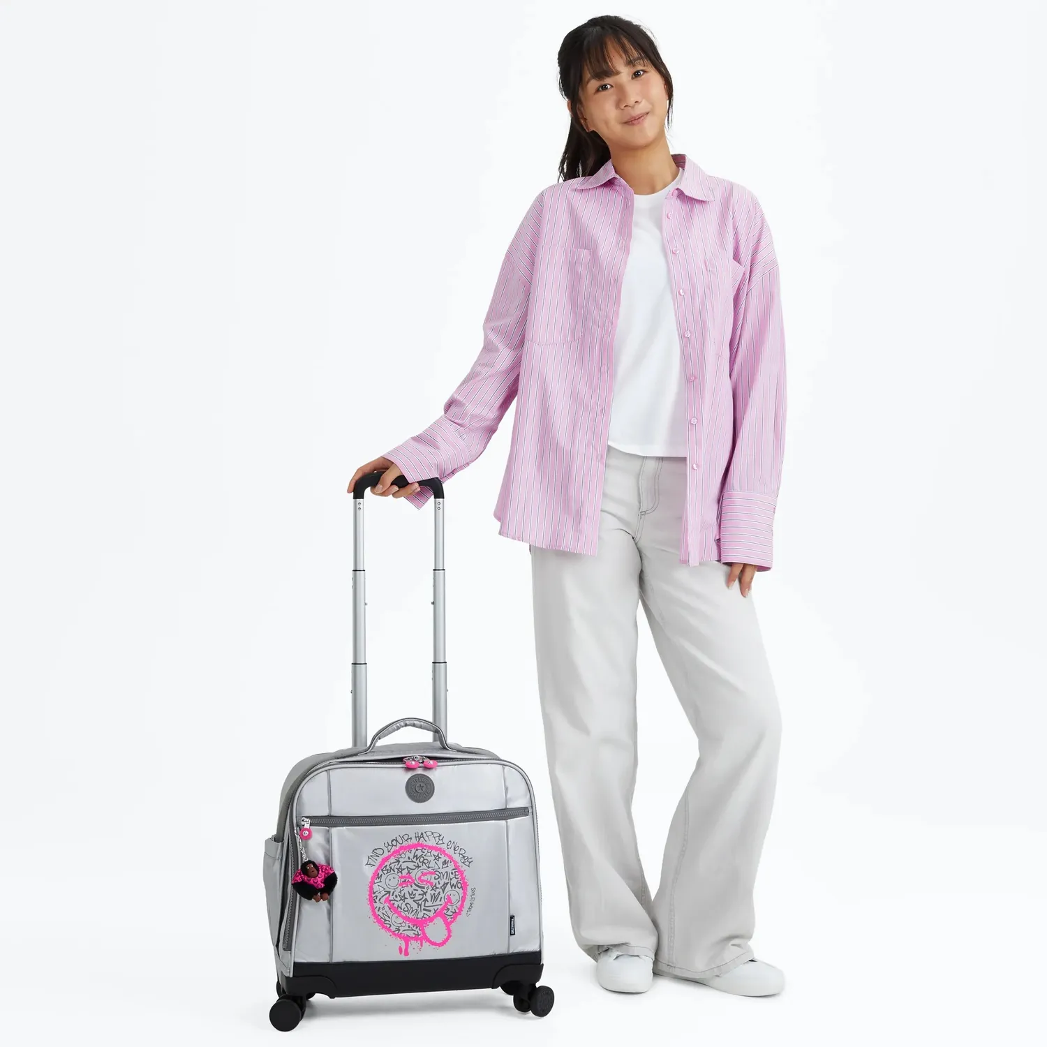 Kipling New Storia schooltas Happy Face Silver groot wielen